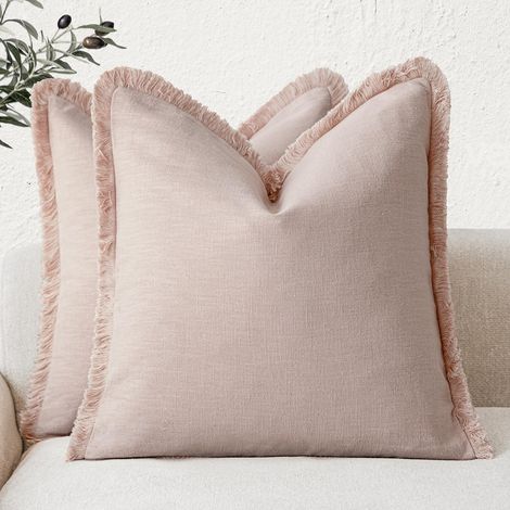 Lot de 2 housses de coussin en lin avec franges - Style bohème avec pompons - 60 x 60 cm - Coton neutre - Housses de coussin décoratives pour canapé, fauteuil, maison, chambre à coucher (1/5)
