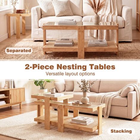 Nesting Coffee Tables Set, Rattan Accent, Tempered Glass (1/5)