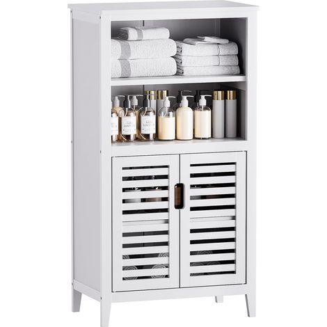Meuble Salle de Bain Rangement Bambou, Armoire Bas Salle de Bain avec Porte et Étagères Amovibles, Meuble D'Appoint Autoportant pour Salle à Manger, Salon, Cuisine, Blanc (1/5)