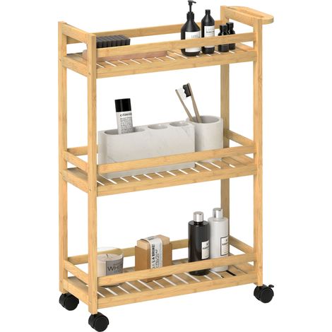 Chariot de service, 3 niveaux, fond à lattes, protection anti-retombée, bambou, 55 x 20 x 75 cm (1/5)
