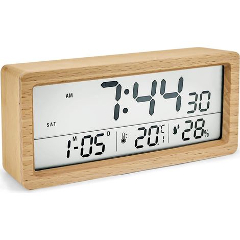 Réveil Numérique Bois, Réveil Matin LED Horloge Numérique Réveil AVCE Fonction Snooze/12/24H/Affichage Date/Température/Humidité, Horloge Digitale Alimenté par Batterie【3 Piles AAA Nécessaires】