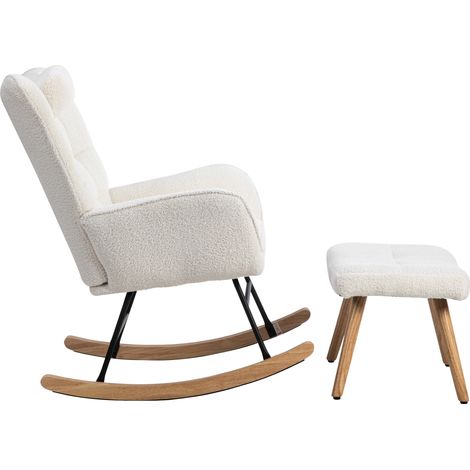 Schaukelstuhl mit 1 Kopfkissen und 1 Fußhocker, für Wohnzimmer, Bouclé und Holz, Weiß (1/5)
