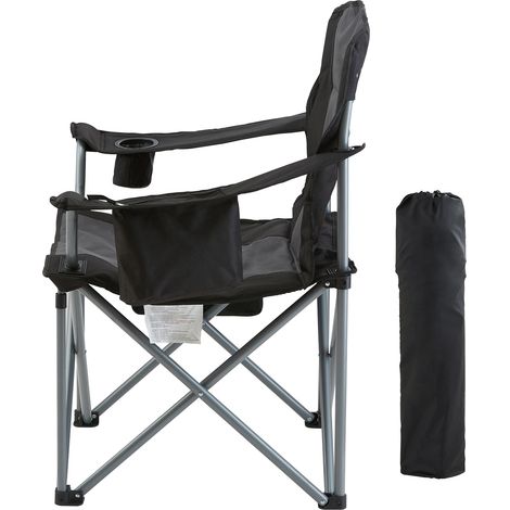 Mophorn Sedia da campeggio pieghevole per adulti, sedia portatile robusta con supporto lombare, braccioli imbottiti, tasche laterali, portabicchieri, borsa termica, molto nero