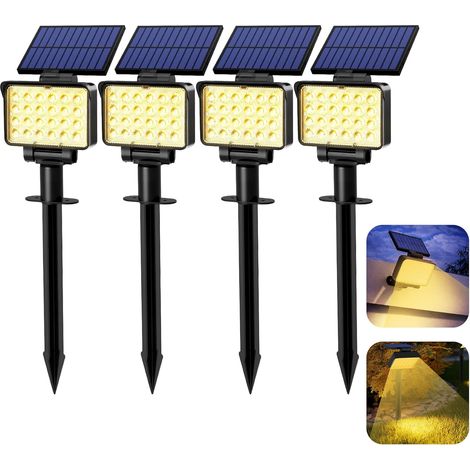 Lot de 4 Spots Solaires d'extérieur, projecteurs solaires,IP65 étanches à 24 LED lampes solaires pour chemins, extérieur Jardins, Clôtures (Blancs Chaud)
