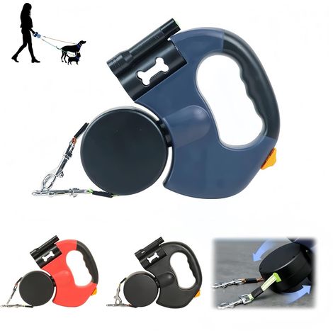 Laisse double extensible pour 2 chiens - Avec lampe torche - Porte-sacs à déjections canines - Rotation à 360° anti-torsion - Réfléchissante - Frein à une main - Bleue (1/4)
