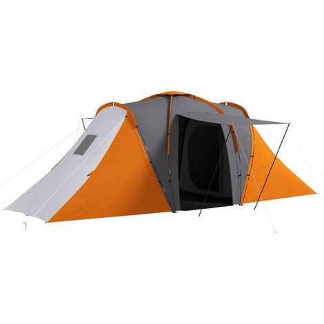 Tente tunnel, tente de camping imperméable 2000 mm pour 4 à 6 personnes, avec 2 chambres, un espace de vie et un sac de transport, gris et orange.