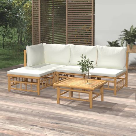 5-tlg. Garten-Lounge-Set mit Cremeweißen Kissen Bambus