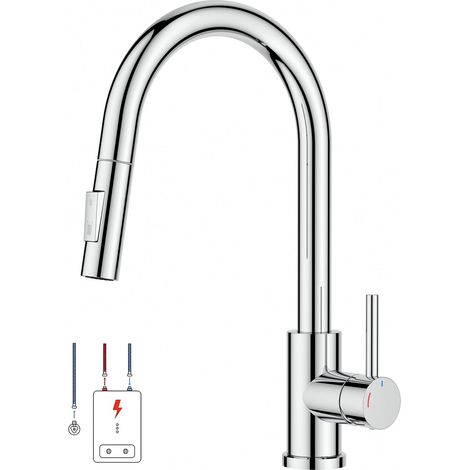Mitigeur Cuisine Basse Pression, Robinet Cuisine Extensible, Mitigeur Monocommande Eau Chaude Et Froide, Compatible Avec Chaudière Et Appareils Sous Évier, Chrome Poli (1/5)