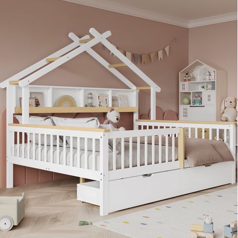Lit enfant cabane 140x200 cm avec barrières de sécurité, 2 tiroirs, pin et MDF, blanc et naturel (1/5)