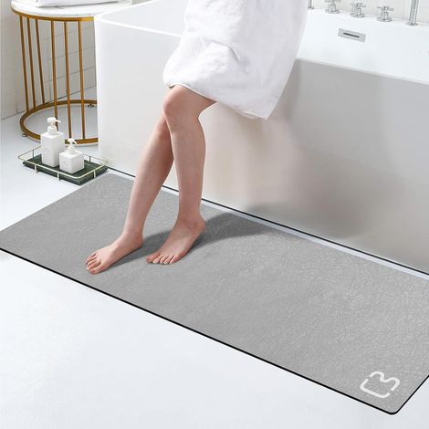 Tapis de salle de bain long en pierre de diatomite 40 x 120 cm, dos caoutchouc antidérapant – Gris