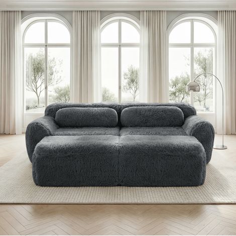 Modulares 2-Sitzer-Sofa Grau aus Plüsch mit 2 Ottomane und montagefreiem Design (1/5)