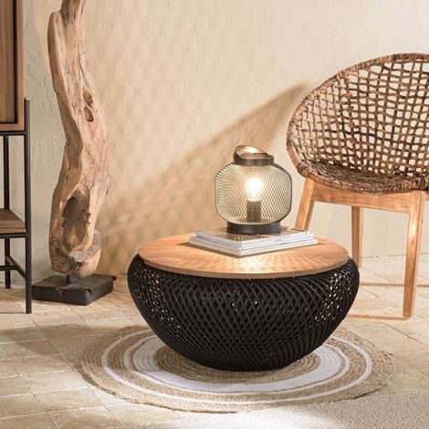 SIXTINE - Table basse ronde diam65 plateau bois teck recyclé rotin noir (1/5)