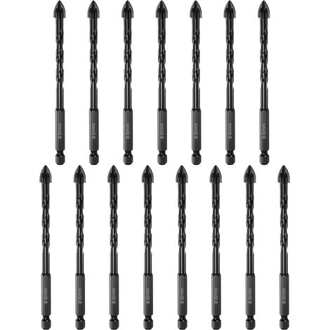 15pcs Foret Maçonnerie, Foret Béton 8mm 1/4" Tige Hexagonale Foret Carrelage Pointe Carbure pour Briques, Verre, Plastique, Carrelage, Miroir Mur, Noir (1/5)