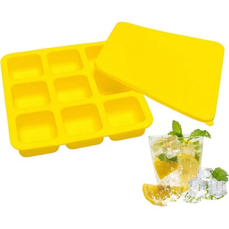 Bac à glaçons congélateur silicone réutilisable 9 cavités carrées avec couvercle pour cocktails, whisky, fêtes et boissons de cuisine (1/5)