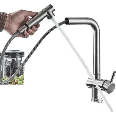 Robinet de cuisine Robinet de cuisine en Nickel brossé, mitigeur d'eau froide et chaude, robinet de grue, jet de pulvérisation rotatif, lavage de la robinetterie d'évier for extractible(Brushed Nickel (1/5)