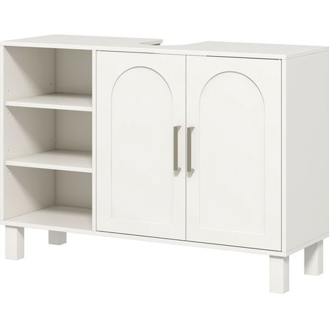 Badezimmer-Waschtisch mit zweistöckigem Schrank und verstellbaren Einlegeböden, 90 x 30 x 63 cm, cremefarben