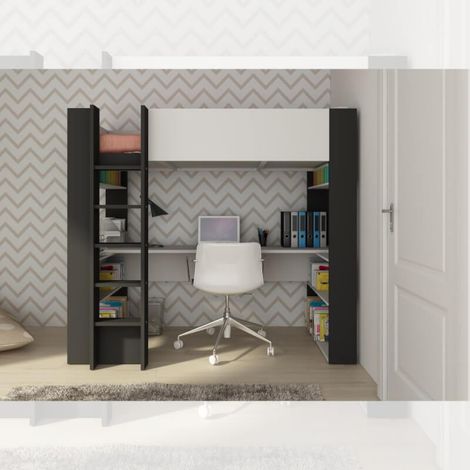 Schlafzimmer 1651 mit Hochbett und Schreibtisch darunter in Weiß und Anthrazit
