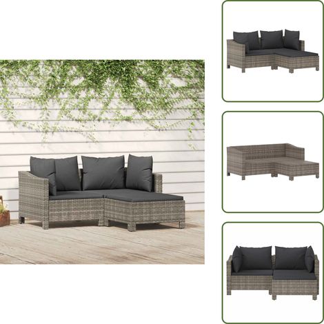 The Living Store 3-tlg. Garten-Lounge-Set mit Kissen Grau Poly Rattan - Gartenmöbel (1/5)