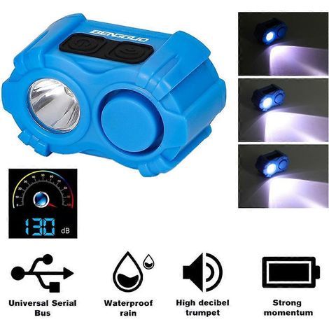Phare de vélo avec klaxon intégré, 2 en 1, étanche, rechargeable USB-C, double éclairage, rouge. (1/4)