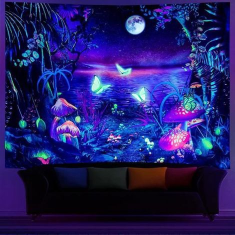 Tapisserie Murale - Blacklight Tapisserie Galaxie Lune Lumière Noire Toile de Fond Paysage Végétal Papillon Tenture Murale (1/4)