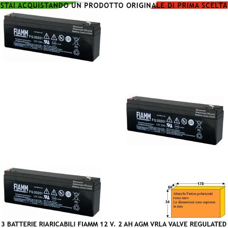 Batteria per Sirena 12 V 2 Ah 3 Pezzi Collegamento Tramite 2 Faston 5 mm Polarizzati Ermetica AGM VRLA Valve Regulated Selezionata da Securvera Caricata Marca Fiamm PRC Dimensioni L178XP34XH60 mm (1/2)