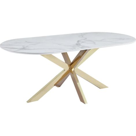 Homy France – Table à manger MANON 200x90 cm – Plateau en céramique marbre blanc brillant – Pied en métal doré – Pour 6 à 8 convives (1/5)