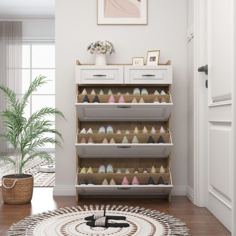 Meuble à chaussures, composé de trois grands compartiments basculants et de deux tiroirs  Meuble à chaussures / Étagère à chaussures en bois  Idéal pour les entrées et les salons.