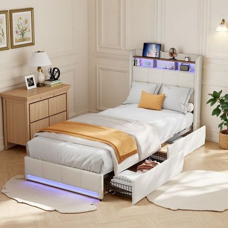 Bett Kinder 90x200 cm - Gepolstertes Bett - 2 Schubladen - LED-Beleuchtung - Beige