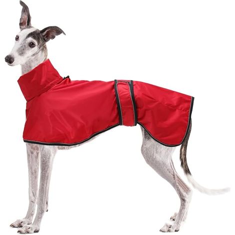 Lightweight Adjustable Waterproof Dog Coat with Reflective Straps and Harness Hole, Waterproof Jacket Ideal for Greyhound, Lurchers and Whippets-Red -M (1/5)