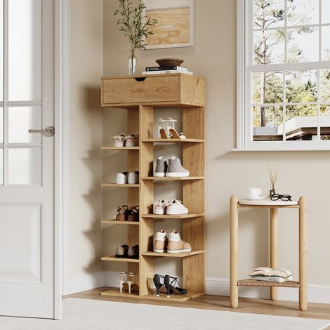 Mobile porta scarpe moderno con 1 cassetto e 10 scomparti, 55 x 33 x 133 cm, naturale (1/5)