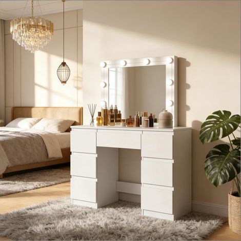 Coiffeuse élégante avec miroir, table de travail, bureau avec luminosité LED réglable (uniquement avec la coiffeuse)