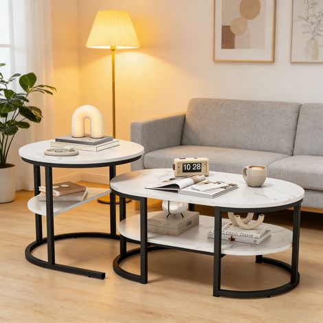 Lot de 2 tables basses - Aspect marbre - Avec cadre en métal et étagère - Table de salon moderne pour salon, chambre à coucher (ovale noir)