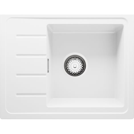 PRIMAGRAN Evier Cuisine en Granit 55x44cm, Lavabo 1 bac + Kit de Vidage, Évier à Encastrer au meuble 45cm - Copenhague Easy, Blanc