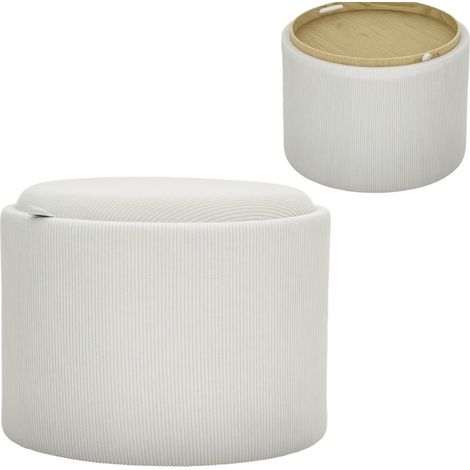 Puf baúl redondo con tapa reversible de poliéster 56 x 42 cm crema MODENUIT (1/5)