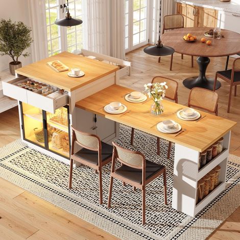 Isola da cucina - 122-194.5 x 70 x 94 cm - allungabile con led app, ante in vetro vetrina, mobile credenza bancone bar snack - moderno - mdf - bianco (1/5)