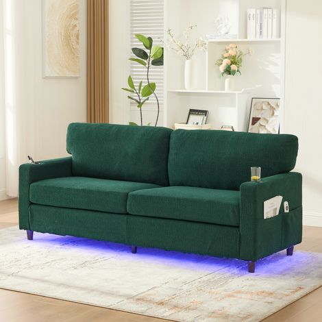 Modernes 2-Sitzer-Chenille-Sofa mit USB-C-Anschluss, LED-Beleuchtung, Getränkehaltern und Seitentaschen, 203 x 77,5 x 86 cm, Grün