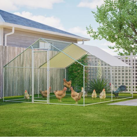 REDOM - Corral para gallinas de metal, amplio espacio 3x4 m, cubierta impermeable anti UV, puerta con cierre, blanco (1/5)