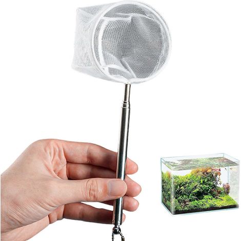 Épuisette télescopique réglable pour le nettoyage des aquariums, dotée d'une poignée en acier inoxydable et d'un fin filet en nylon ronde et longue. (1/5)