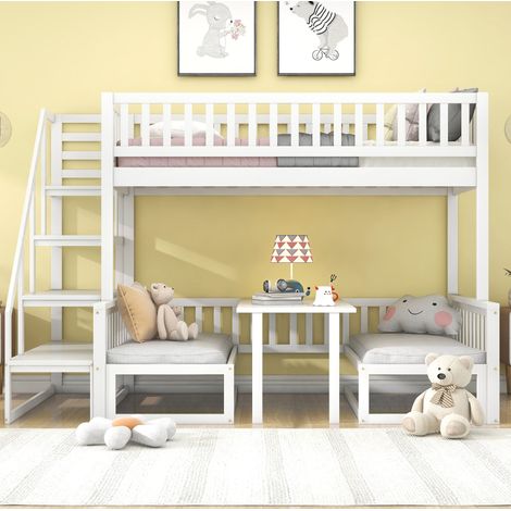 Letto a castello 90/200 cm e 120/200 cm bianco con tavolo regolabile e divano in legno (1/5)