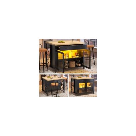 Îlot de cuisine noir avec bande LED – Buffet avec 2 tiroirs et portes – Dimensions 100×80×90 cm – Design moderne et pieds ajustables