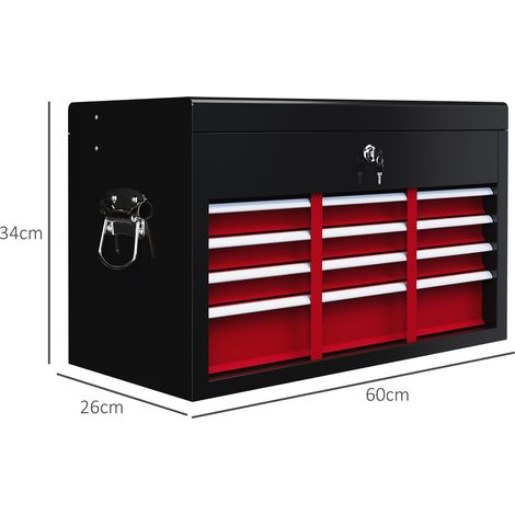 Coffre à outils roulant 6 tiroirs avec serrure, caisse métal rouge/noir 60x26x34cm, poignée et kit rangement professionnel (1/5)