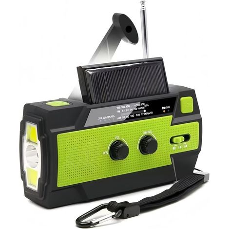 Radio météo d'urgence AM/FM/WB, 4 000 mAh, manivelle, énergie solaire, 3 lampes torches LED, alarme SOS, chargeur USB pour téléphone portable - Vert (1/5)
