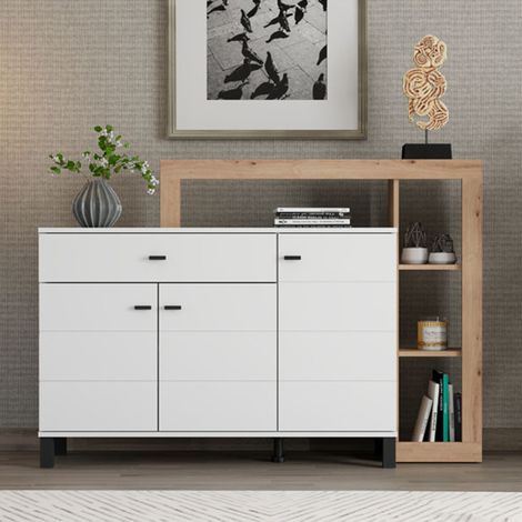 Aparador Piriap, Mueble 5 Estantes, un Cajón, 3 Puertas, 145x35x101h cm Blanco (1/5)