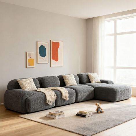 Canapé modulable 4 places 388 cm + pouf en velours côtelé gris - FLUFY (1/5)
