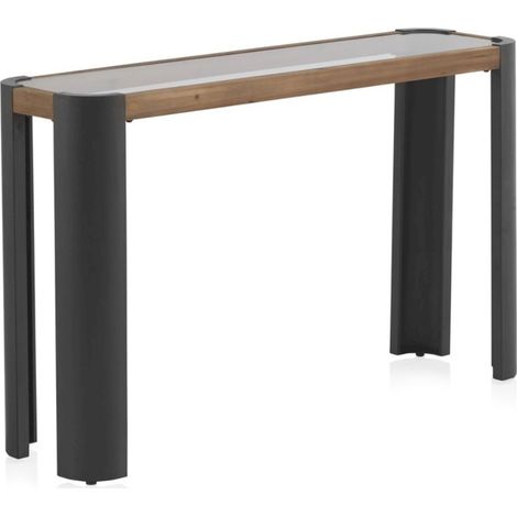 Console en métal bois et verre design contemporain gris naturel - Gris foncé bois naturel verre transparent