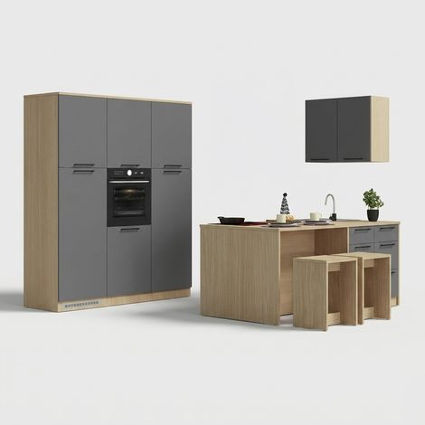 Cuisine complète moderne avec îlot péninsule et colonnes Xirel - Anthracite (1/5)