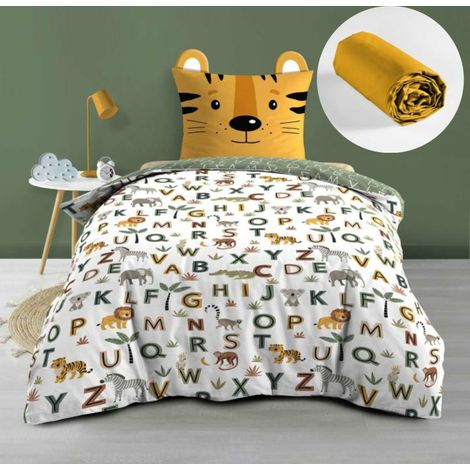Pack Parure de lit enfant 140 x 200 cm + Drap Housse 90x190 cm Jaune – TIGRY –