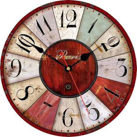 Horloge murale vintage rouge 30 cm avec pendule silencieuse en bois MDF (1/5)