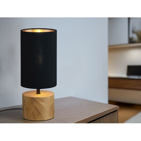 Tischlampe WOODY mit Holzfuß & Stoffschirm Schwarz Gold, Höhe 30cm