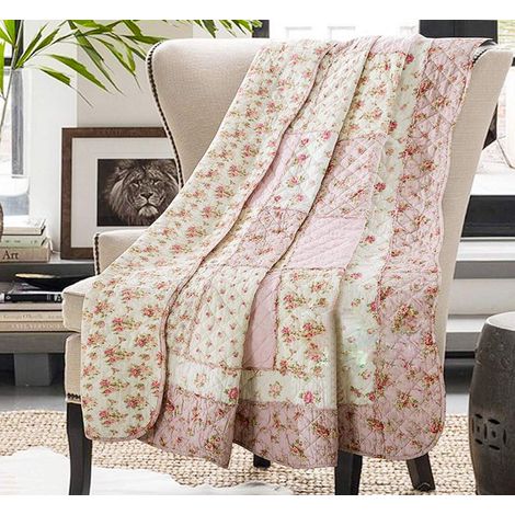 Couvre-lit 100% Coton Patchwork pour lit Double Queen Size - Motif Floral Rose - Couvre-lit réversible Vintage Shabby Chic - Couverture matelassée pour canapé et canapé (1/5)